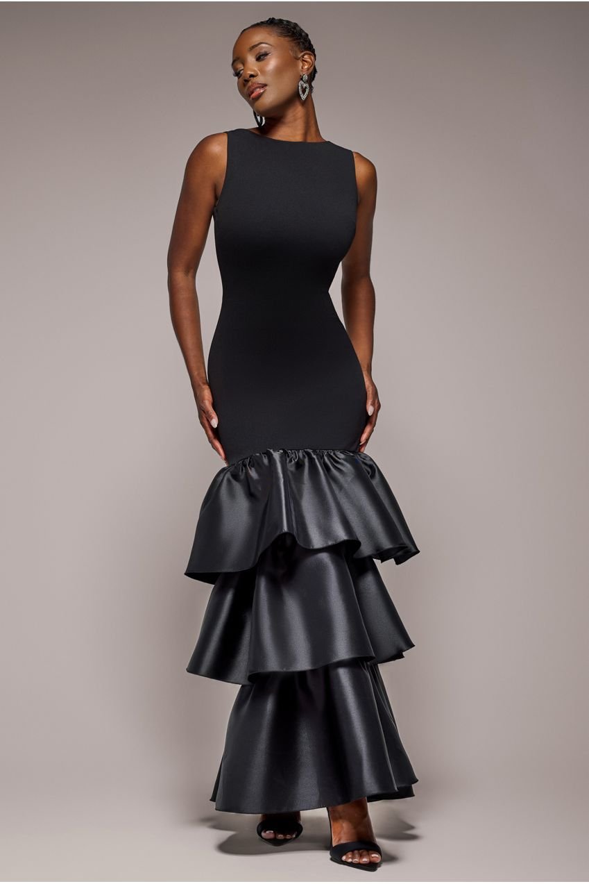 Goddiva Boat Neck Satin & Scuba Crepe Tiered Maxi Dress – Black