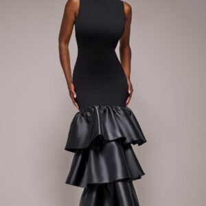 Goddiva Boat Neck Satin & Scuba Crepe Tiered Maxi Dress - Black